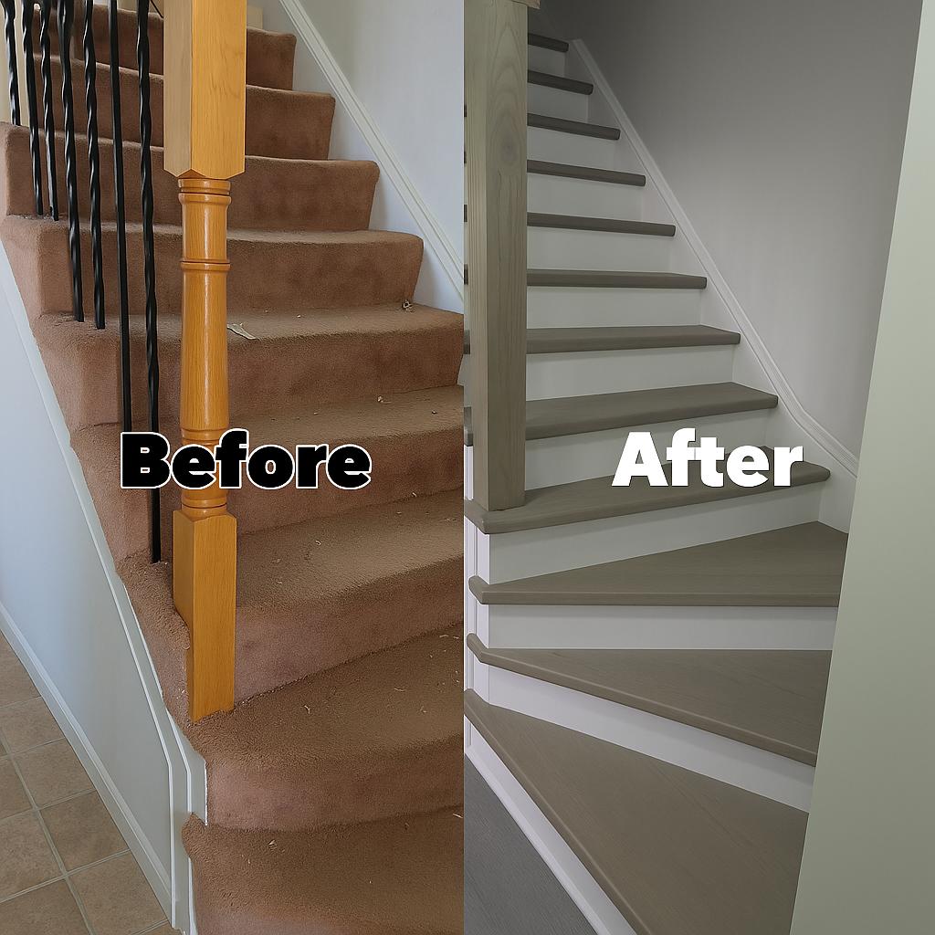 Staircase Transformation - From Brown Carpeted to Modern Gray and White